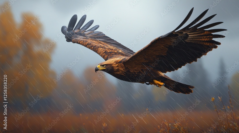 Obraz premium Majestic Bald Eagle in Flight Amidst Rainy Autumn Landscape