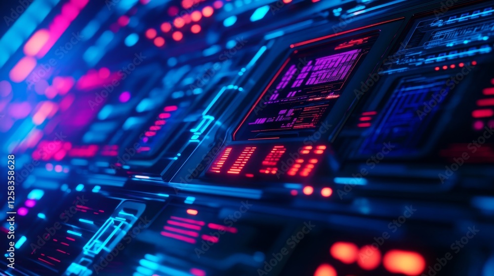 Futuristic circuit board close-up showcasing vibrant neon light and intricate electronic components Futuristic circuit board close-up showcasing vibrant neon light and intricate electronic components
