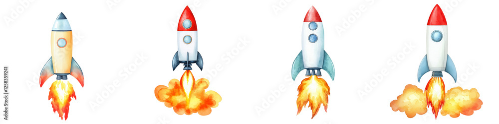 Colorful Rocket Launch Illustrations with Flames and Smoke Effects Colorful Rocket Launch Illustrations with Flames and Smoke Effects