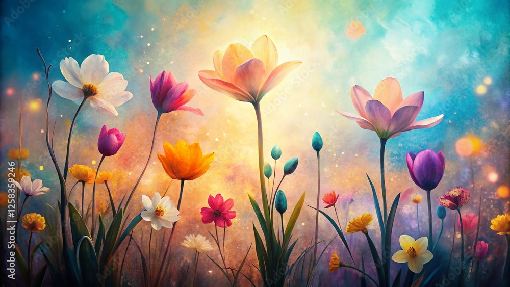 Obraz premium Pastel Spring Flowers Silhouette Photography: Hand-Drawn Texture Background
