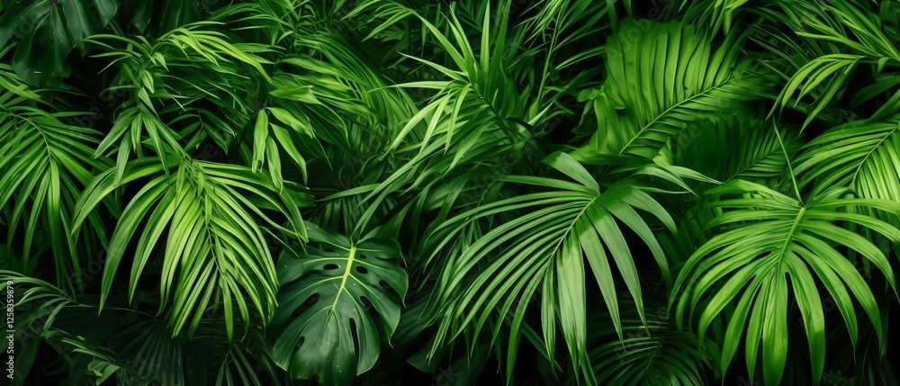 Lush Palm Leaves in Verdant Jungle Setting Lush Palm Leaves in Verdant Jungle Setting