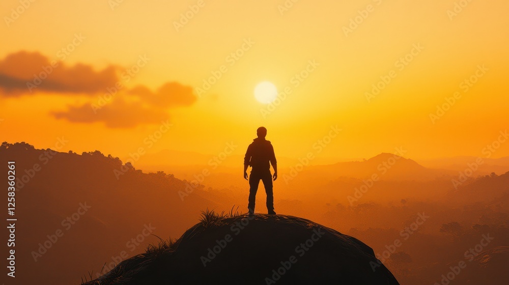 Silhouette of a Hiker at Sunset on a Rocky Peak in Nature Silhouette of a Hiker at Sunset on a Rocky Peak in Nature