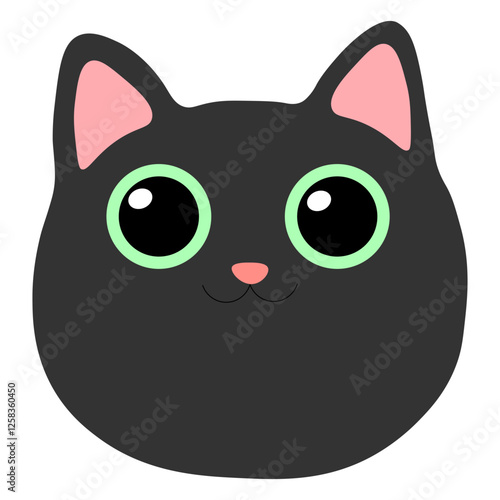 Very cute little black cat face. Funny smiling animal, close-up. Happy pet with big green eyes. One icon isolated on white background. March cat.