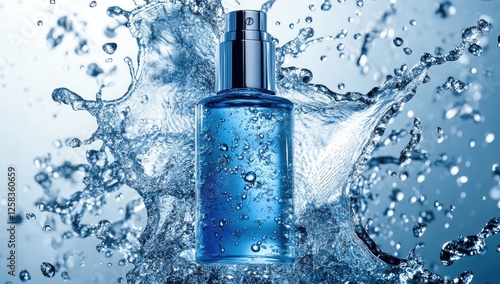 A bottle of blue skincare product surrounded by water splashes, with a solid color background.