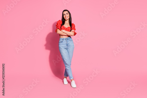 Full body portrait of nice young lady look empty space wear top isolated on pink color background