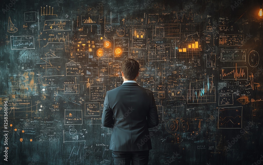 A businessman in formal attire analyzing a blackboard covered with a startup plan sketch, futuristic elements, and bold design, cinematic lighting A businessman in formal attire analyzing a blackboard covered with a startup plan sketch, futuristic elements, and bold design, cinematic lighting