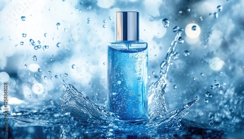 A bottle of blue skincare product surrounded by water splashes, with a solid color background.