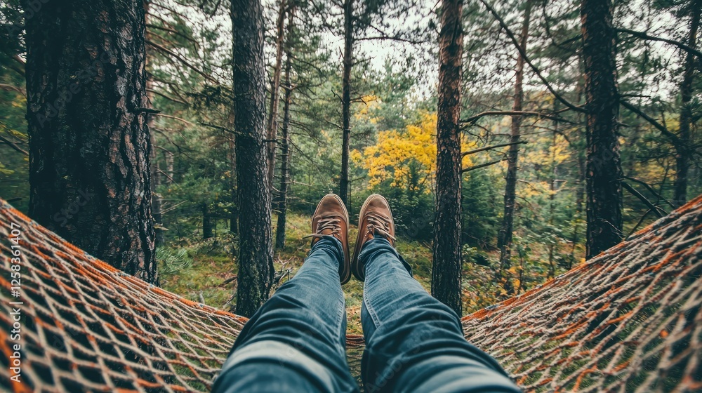 Fototapeta premium Relaxed feet in a hammock amongst trees.