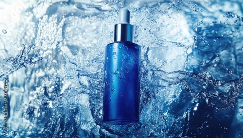 A bottle of blue skincare product surrounded by water splashes, with a solid color background.