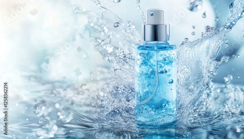 A bottle of blue skincare product surrounded by water splashes, with a solid color background.