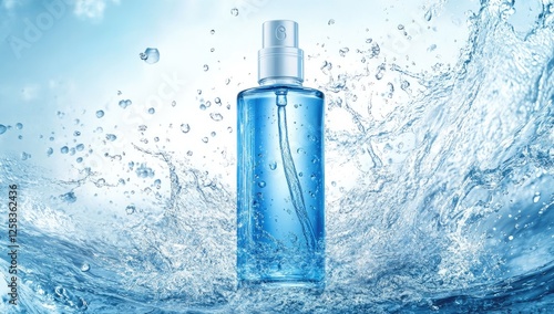 A bottle of blue skincare product surrounded by water splashes, with a solid color background.