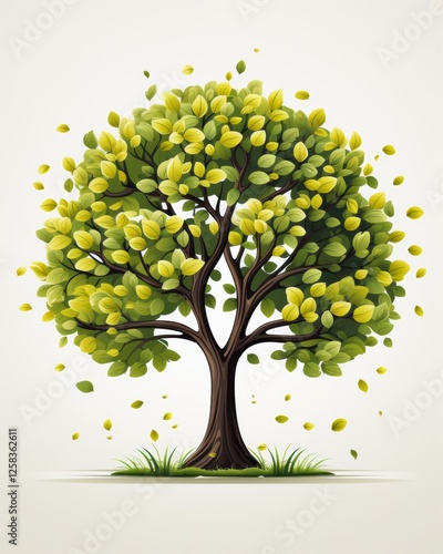 Lush Green Tree Illustration with Falling Leaves Cartoon Style Nature Scene on Light Background Design