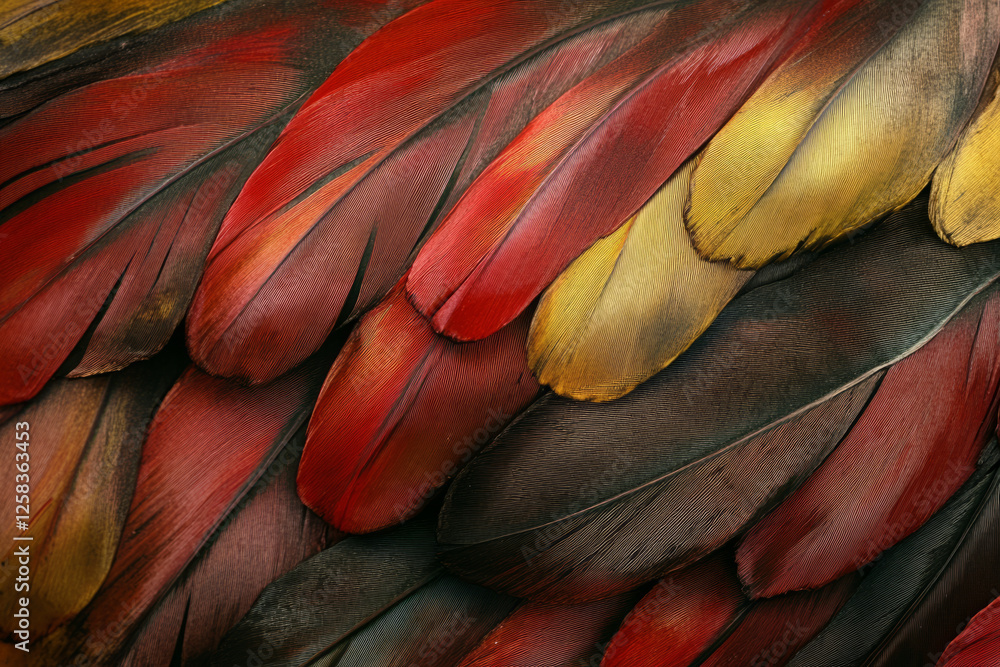 Obraz premium Close-up of parrot feathers, showcasing bright red, yellow, and green overlapping textures with a smooth and silky appearance.