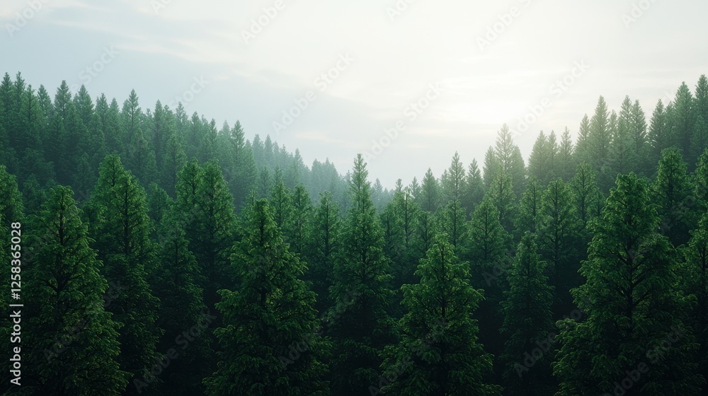 Serene Morning Light Over a Lush Evergreen Forest Landscape Serene Morning Light Over a Lush Evergreen Forest Landscape