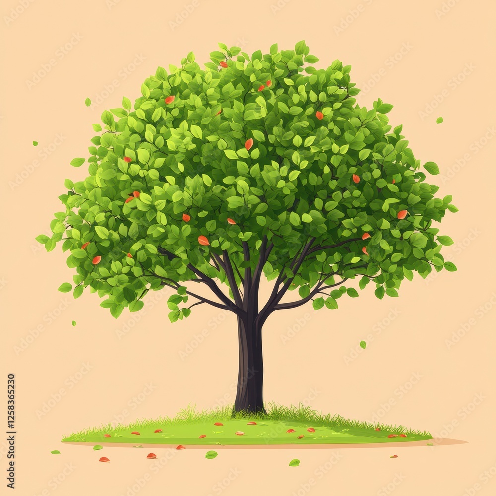 Fototapeta premium Lush Green Tree with Small Red Fruits on a Hillock against a Plain Background Gentle Fall Ambiance