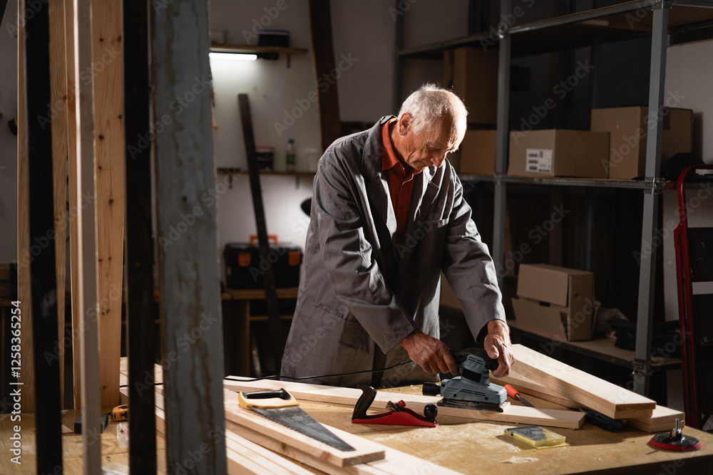 Elderly carpenter sanding wood plank in his carpentry workshop. Elderly carpenter sanding wood plank in his carpentry workshop.