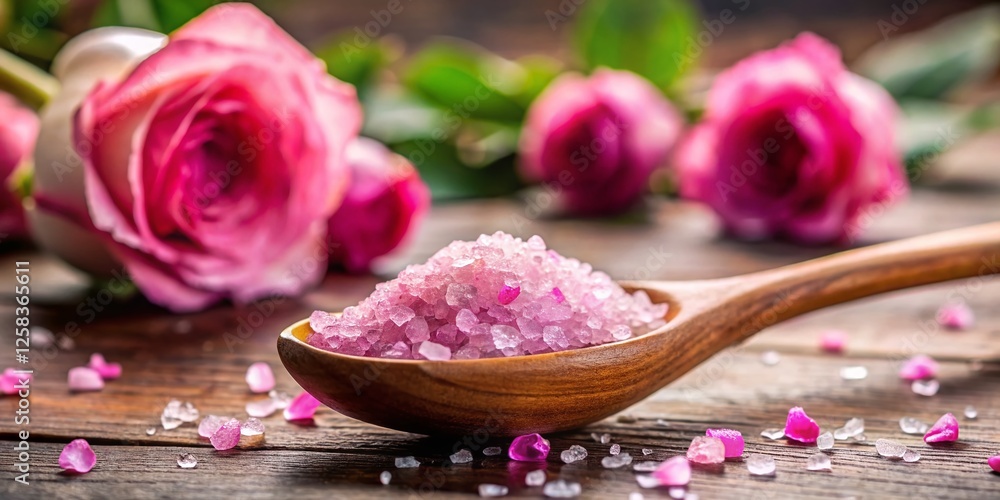 Pink Rose Sugar & Salt on Wooden Spoon - Sweet Baking Ingredient Photo Pink Rose Sugar & Salt on Wooden Spoon - Sweet Baking Ingredient Photo