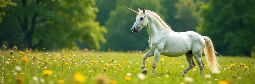 Majestic white unicorn stallion in a lush meadow, surrounded by wildflowers and trees , mythical, meadows Majestic white unicorn stallion in a lush meadow, surrounded by wildflowers and trees , mythical, meadows