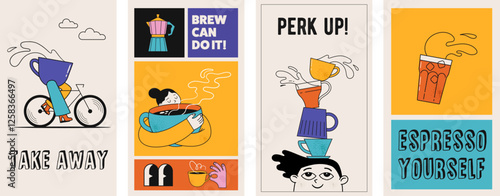 Coffee concept design. Collection of cards, posters, banners, story and post templates. Cafe and coffeeshop design. Concept illustrations of characters with coffee mugs. Modern minimalist flat art