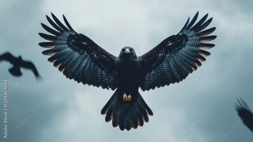 Fototapeta premium Majestic Black Bird Spreading Wings in Dramatic Sky Background