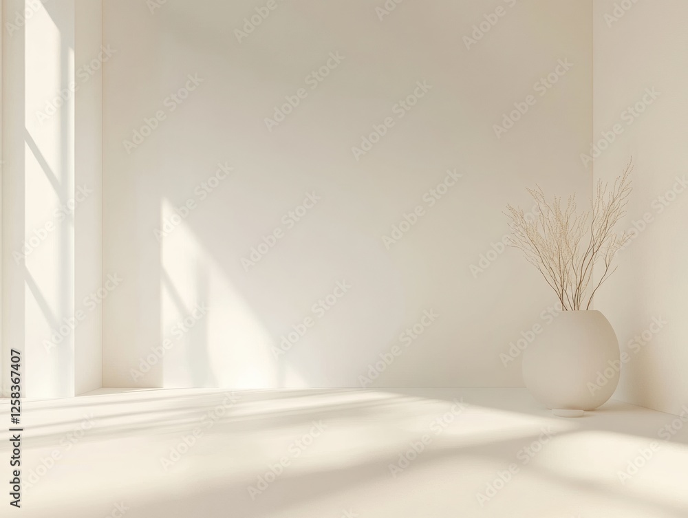 Minimalist Interior Corner with Light and Shadow Display Featuring Branches in a Decorative Pot