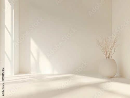 Obraz na płótnie Minimalist Interior Corner with Light and Shadow Display Featuring Branches in a Decorative Pot w salonie