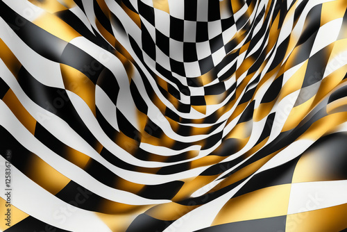 Wallpaper Mural Abstract checkerboard pattern in bold black, white, and gold, with a three-dimensional wavy distortion effect. Torontodigital.ca