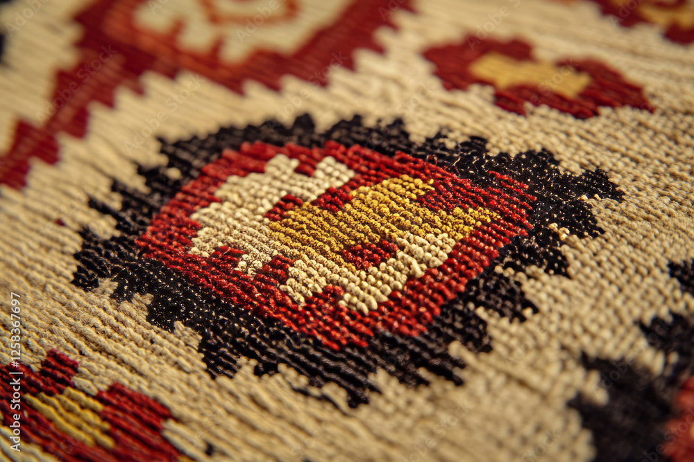 custom made wallpaper toronto digitalClose-up of Turkish kilim rug, intricate red and gold geometric patterns woven into a thick, textured textile.