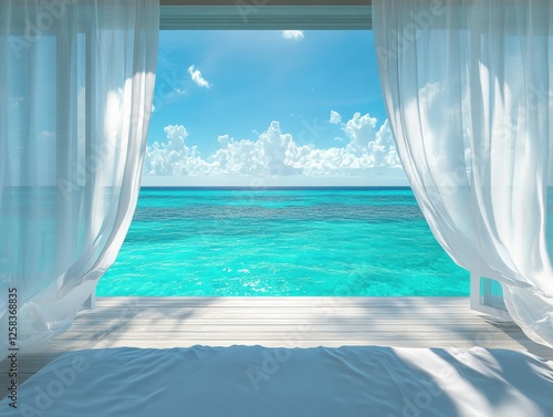 Ocean View Paradise Tranquil Room Azure Waters White Curtains Blue Sky Serene Scenery Peace Solitude