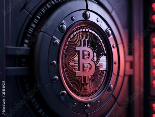 Cryptocurrency tokens secure concept. Close-up of a Bitcoin symbol embedded in a modern digital vault with vibrant lighting. photo