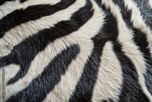 Close-up of zebra fur, featuring high-contrast black and white stripes with visible soft hair textures.