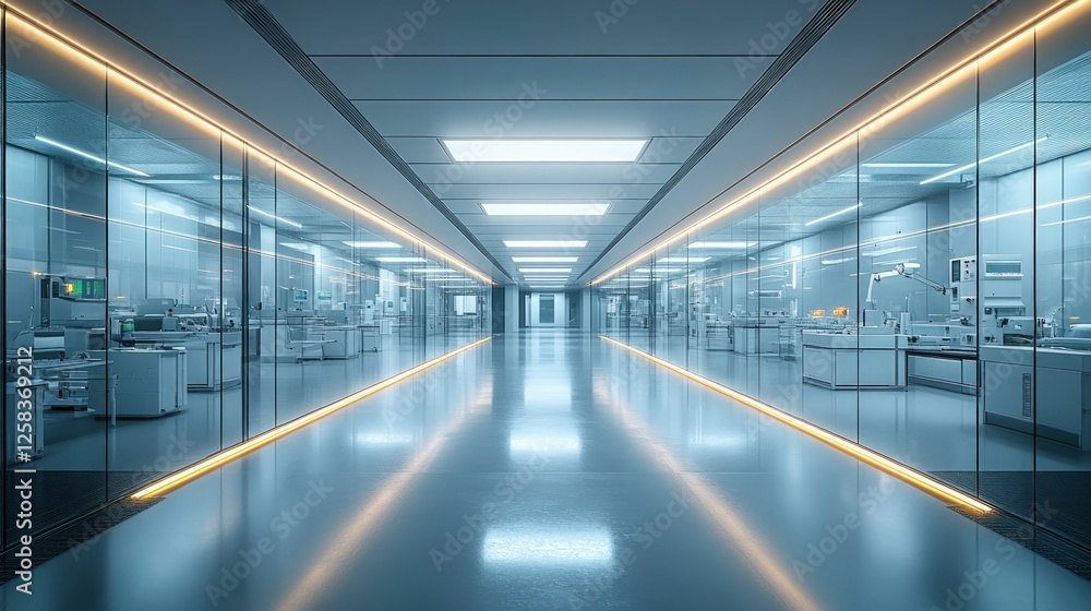 Modern sterile corridor, futuristic lab interior design Modern sterile corridor, futuristic lab interior design