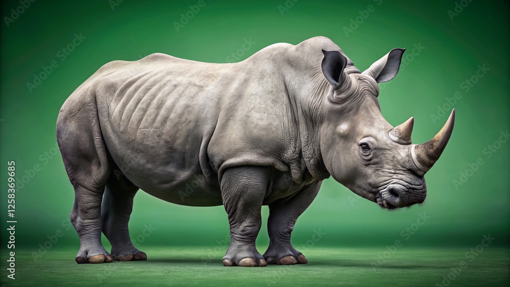 Obraz premium Powerful Grey Rhinoceros, Endangered Species, Minimalist Green Background