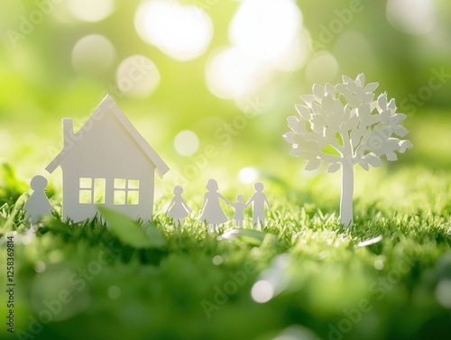 Paper Cutout Family Beside House and Tree Symbolizing Eco Friendly Living and Sustainable Future