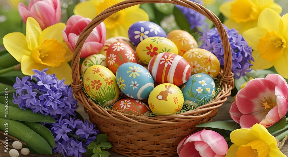 A basket filled with decorated Easter eggs, surrounded by spring flowers.