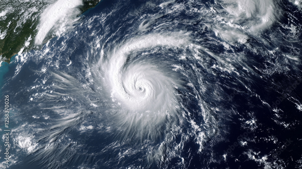 A super typhoon, characterized by fierce winds and swirling clouds, moves across the ocean toward land. A super typhoon, characterized by fierce winds and swirling clouds, moves across the ocean toward land.