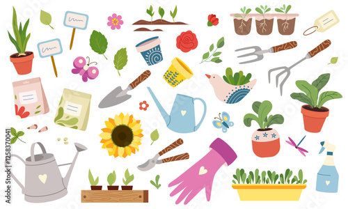 Big set garden tools for home gardening and houseplant care Spring horticulture equipment Caring for potted plants Spring greenhouse plants, seeds, shovel, rake, watering can. Flat vector illustration