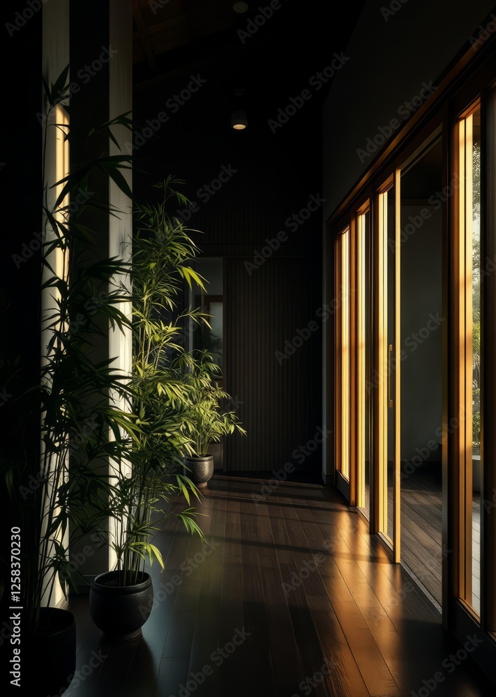 Modern minimalist interior with natural lighting bamboo plants and sliding wooden doors in a serene and tranquil space for relaxation and reflection bamboo house background beautiful bamboo asian seap