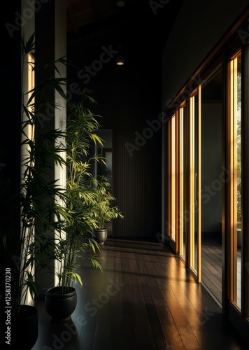 Obraz na płótnie Modern minimalist interior with natural lighting bamboo plants and sliding wooden doors in a serene and tranquil space for relaxation and reflection bamboo house background beautiful bamboo asian seap w salonie