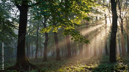 Slow Motion Shot of Beams of Sunlight Piercing Through Tall Leafy Trees in a Misty Woodland – Enchanting Forest Glow, Ethereal Light Rays, Tranquil Nature Scene, Serene Atmospheric Beauty