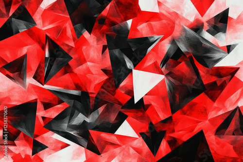 Abstract design featuring sharp triangular forms in vibrant red and black, arranged in a dynamic, geometrically precise pattern. photo