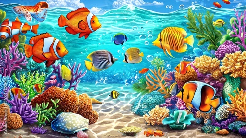 Vibrant Coral Reef Teeming with Colorful Fish and Marine Life, the Beauty of Aquatic Ecosystems and the Importance of Ocean Conservation, Saltwater Aquariums, Tanks, Kits, Nanos, Reeftanks Concept photo