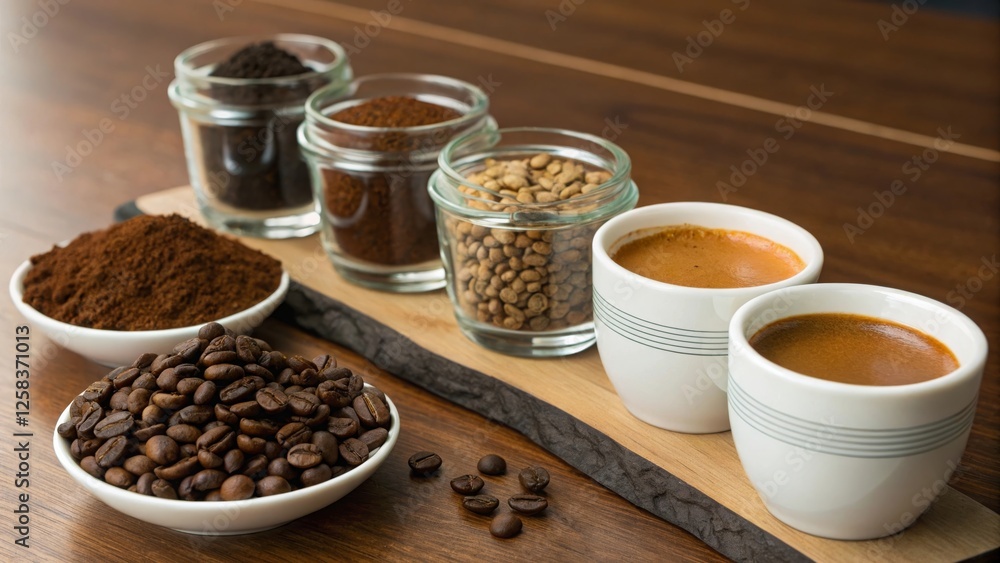 Still life coffee varieties a cozy kitchen table with diverse beans and espresso for aesthetic appeal Still life coffee varieties a cozy kitchen table with diverse beans and espresso for aesthetic appeal