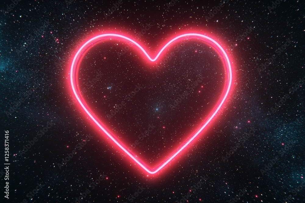 A glowing neon pink heart outline pulsating softly against a dark cosmic background filled with tiny twinkling stars A glowing neon pink heart outline pulsating softly against a dark cosmic background filled with tiny twinkling stars