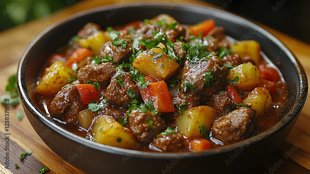 Delicious and comforting meat stew served in a warm setting Delicious and comforting meat stew served in a warm setting