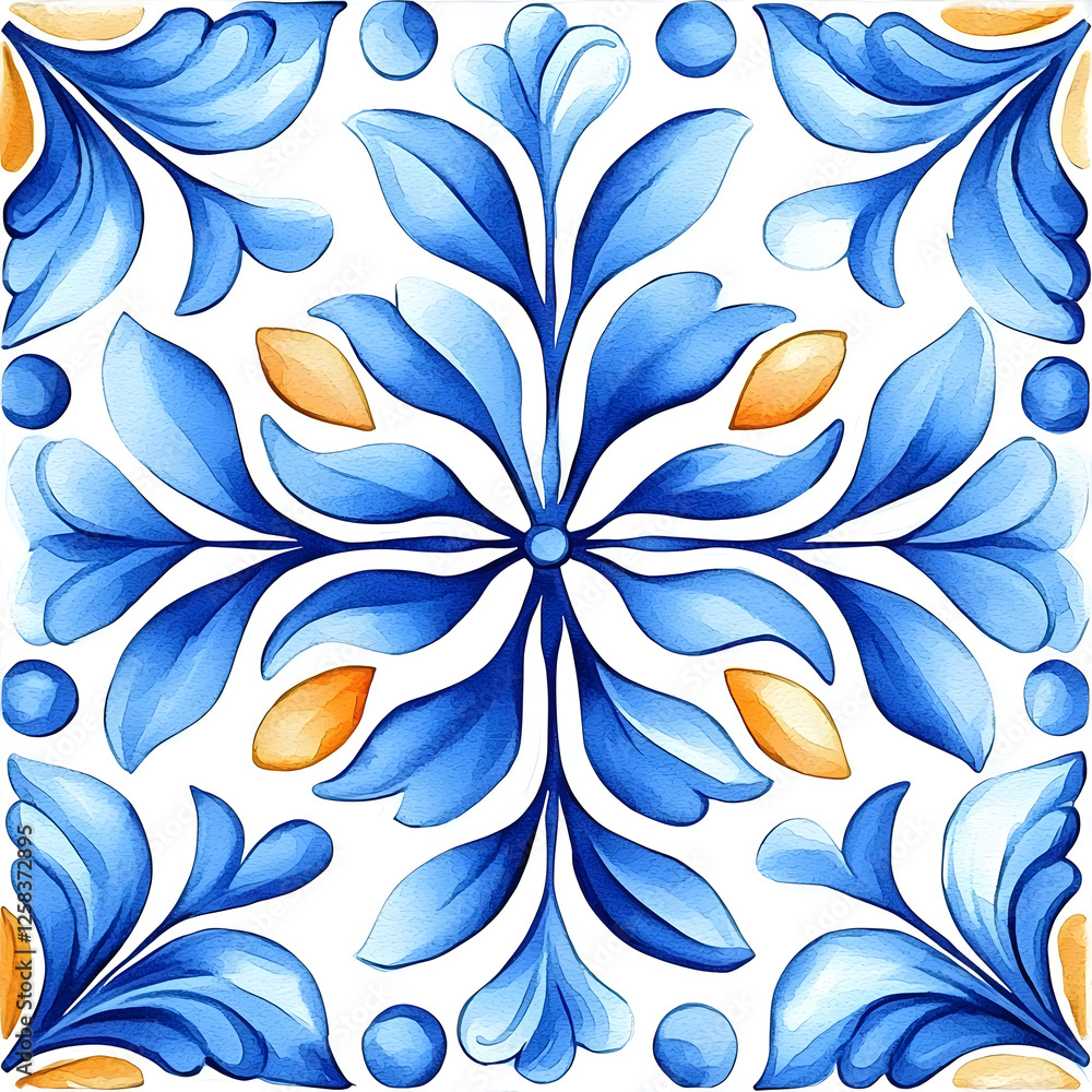 Fototapeta premium Watercolor artwork, blue and yellow azulejos tile Traditional Portuguese Mosaic