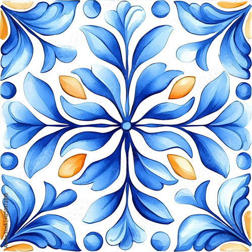 Watercolor artwork, blue and yellow azulejos tile Traditional Portuguese Mosaic