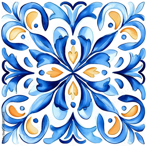 Watercolor artwork, blue and yellow azulejos tile Traditional Portuguese Mosaic
