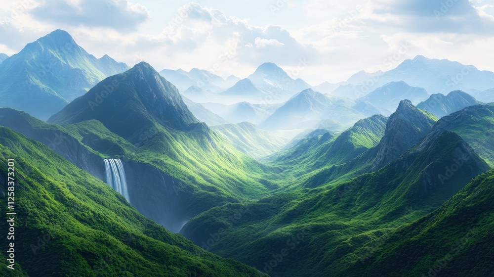 Naklejka premium Lush Green Mountains with Waterfall and Misty Valley Views