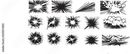 Set of manga comic motion speed line, zoom and motion effects background. Anime radial light flash explosion black frame template vector illustration